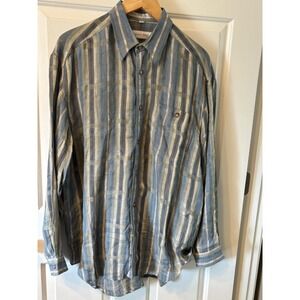 Axis Mens 100% Linen Button Down Shirt Blue Grey Striped Plaid Long Sleeve SZ M